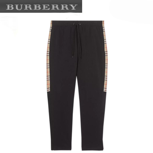 BURBERRY-80259301 버버리 블랙 코튼 빈티지 체크 트리밍 테크니컬 트윌 트랙팬츠