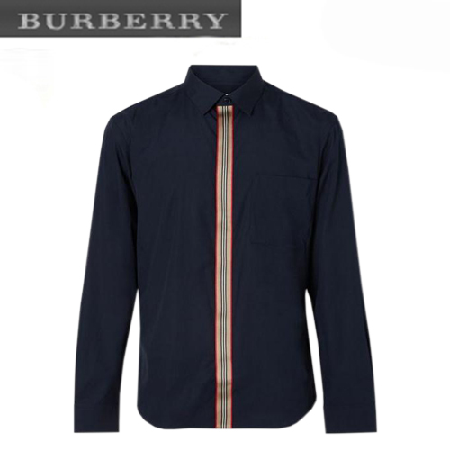 BURBERRY-80154361 버버리 네이비 아이콘 스트라이프 디테일 스트레치 코튼 포플린 셔츠