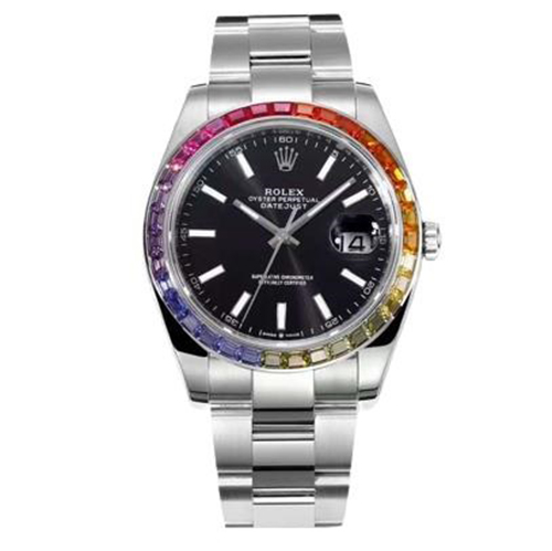 [스페셜오더][Jvs Factory]ROLEX-롤렉스 데이-데이트 레인보우 사파이어 베젤 904L 스틸 블랙 다이얼 워치 41mm