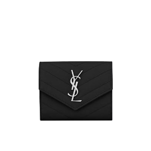 [스페셜오더]SAINT LAURENT-403943 생 로랑 블랙 그랑 드 뿌드르 텍스처드 마틀라세 가죽 모노그램 실버메탈 컴팩트 3단 지갑