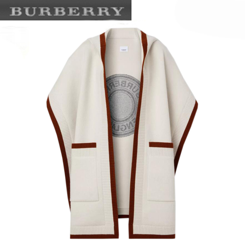 BURBERRY-80290001 버버리 화이트 로고 그래픽 울 캐시미어 자카드 후드 케이프