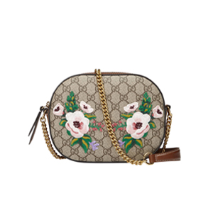 GUCCI-409535 8315 구찌 체인 숄더 스트랩 새 및 플라워 자수 아플리케 GG 수프림 캔버스 콤팩트 백