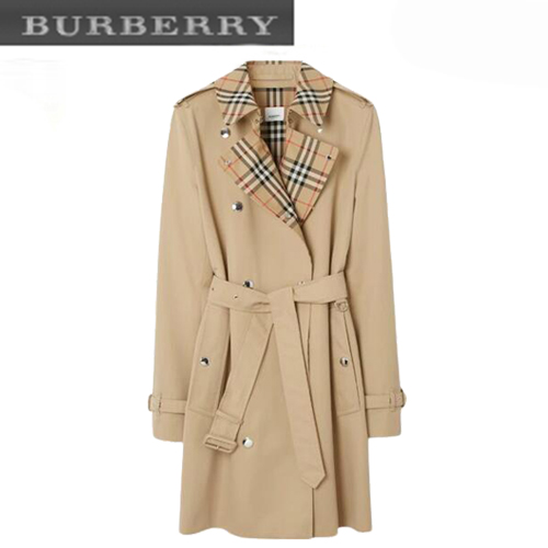 BURBERRY-80709901 버버리 허니 체크 트리밍 코튼 개버딘 트렌치코트 여성용