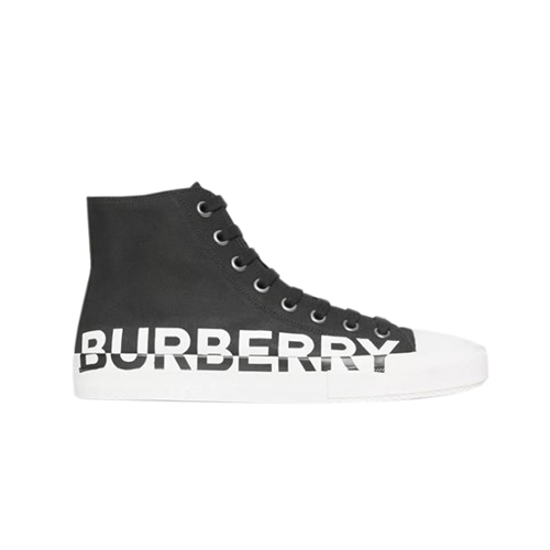 BURBERRY-80182731 버버리 블랙/화이트 로고 프린트 송아지 가죽 개버딘 하이톱 스니커즈