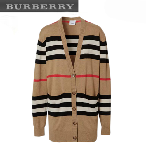 BURBERRY-80161691 버버리 베이지 아이콘 스트라이프 메리노 울 카디건